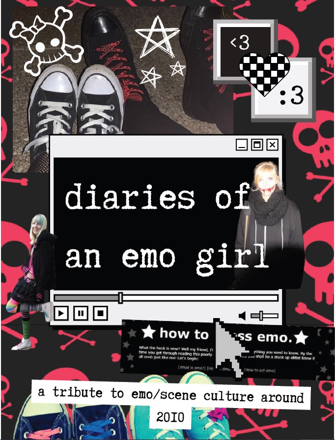 The title page of a a zine covered in a digital collage showing photos of converse shoes and teenagers in scene clothing on a black background with neon pink skulls. The title of the zine is inside a retro style Windows music player. The subtitle reads 'A tribute to emo/scene culture around 2010' in typewriter script.